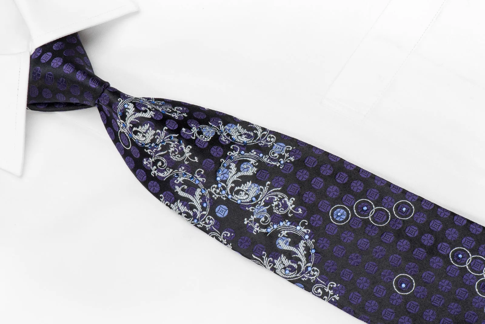 Indian Homme Men's Crystal Silk Necktie Silver Acanthus Purple Dots On Black With Sparkles