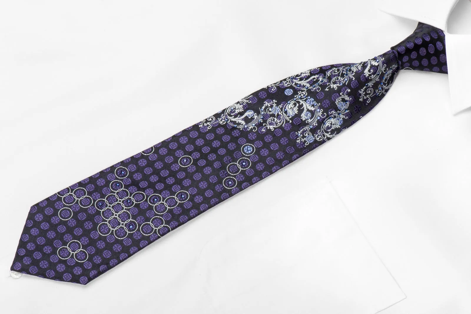 Indian Homme Men's Crystal Silk Necktie Silver Acanthus Purple Dots On Black With Sparkles