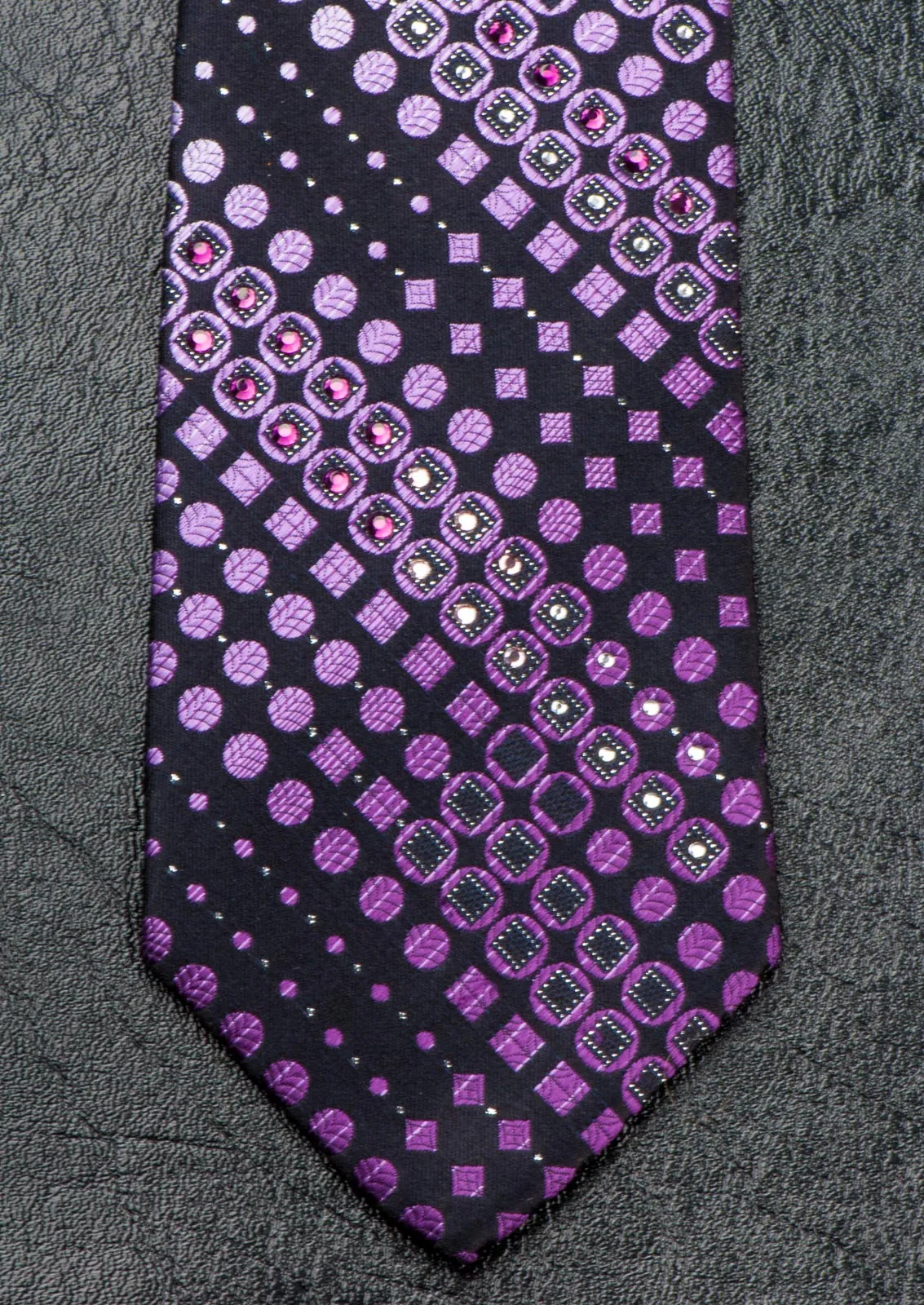 Indian Homme Rhinestone Silk Neck Tie Purple Dots & Squares On Black 3 1/4 Inch