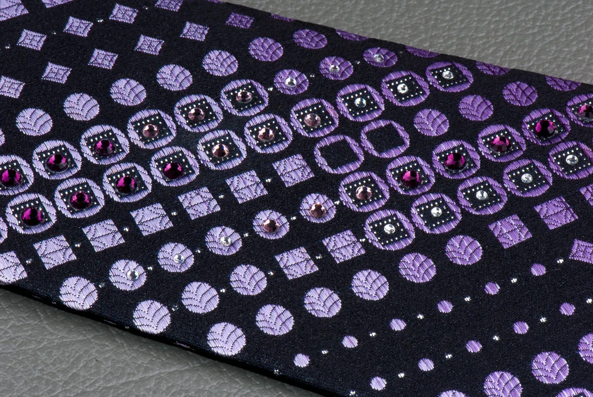 Indian Homme Rhinestone Silk Neck Tie Purple Dots & Squares On Black 3 1/4 Inch