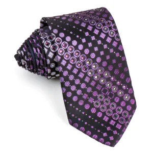 Indian Homme Rhinestone Silk Neck Tie Purple Dots & Squares On Black 3 1/4 Inch