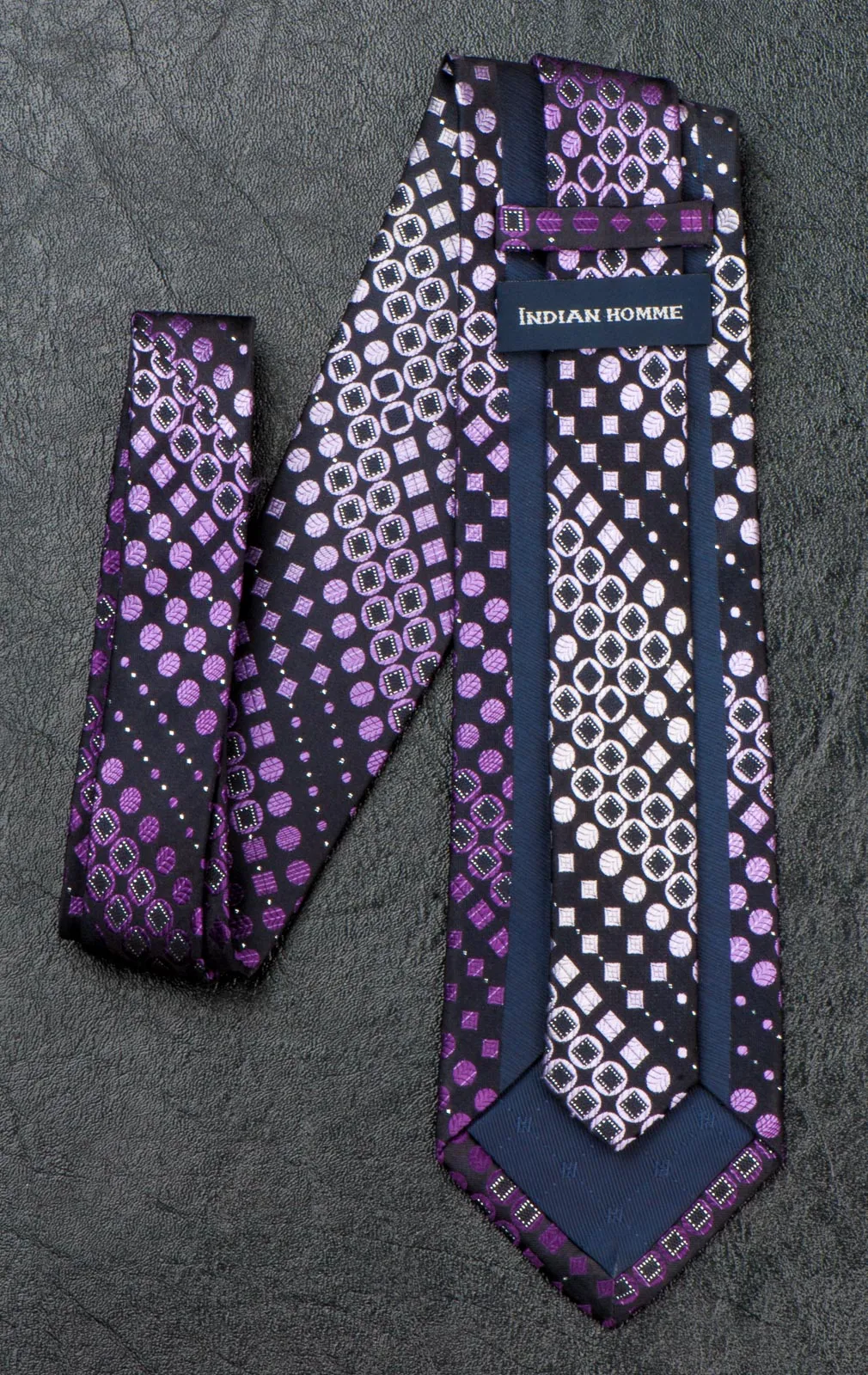 Indian Homme Rhinestone Silk Neck Tie Purple Dots & Squares On Black 3 1/4 Inch