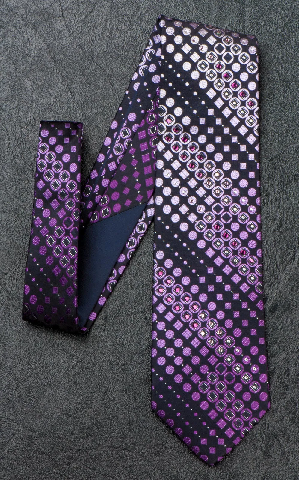 Indian Homme Rhinestone Silk Neck Tie Purple Dots & Squares On Black 3 1/4 Inch