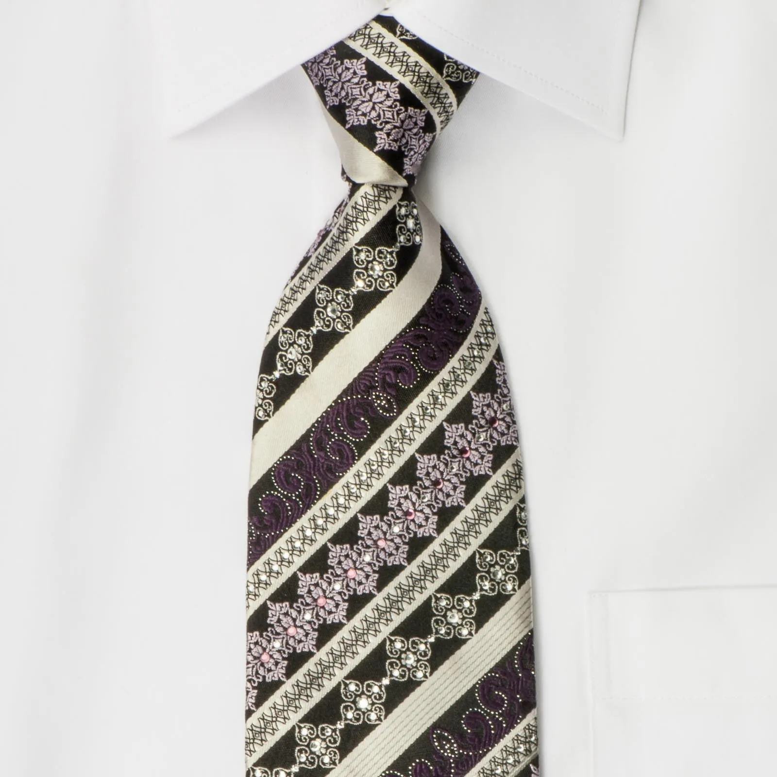 Indian Homme Rhinestone Tie Silver Striped On Black Silk With Fleur De Lis Motif & Sparkles