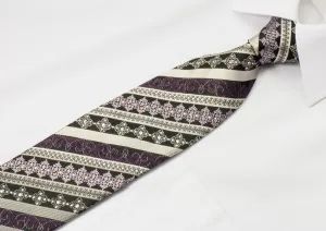 Indian Homme Rhinestone Tie Silver Striped On Black Silk With Fleur De Lis Motif & Sparkles