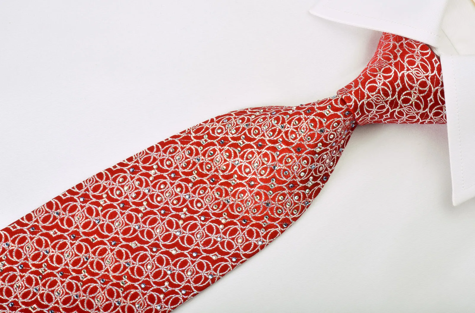Interlocking Silver Circles On Red Rhinestone Tie With Silver Sparkles