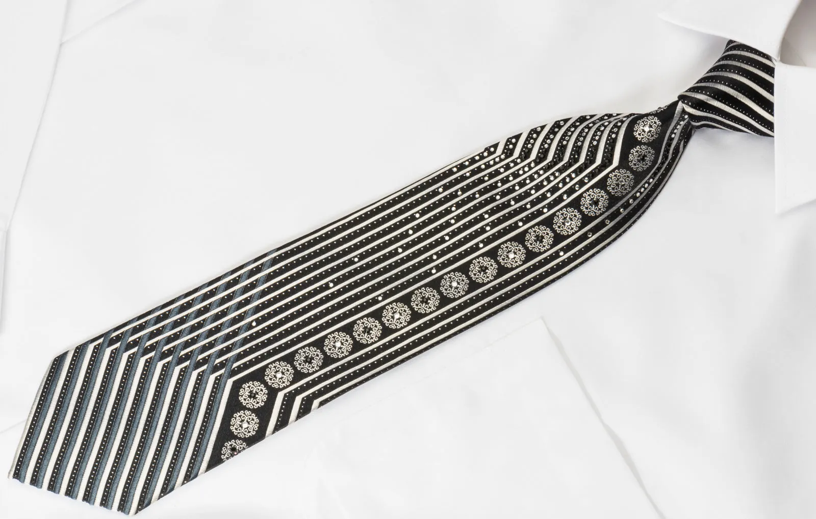Klaus Raam Mens Silk Rhinestone Necktie Silver Black Striped With Silver Sparkles