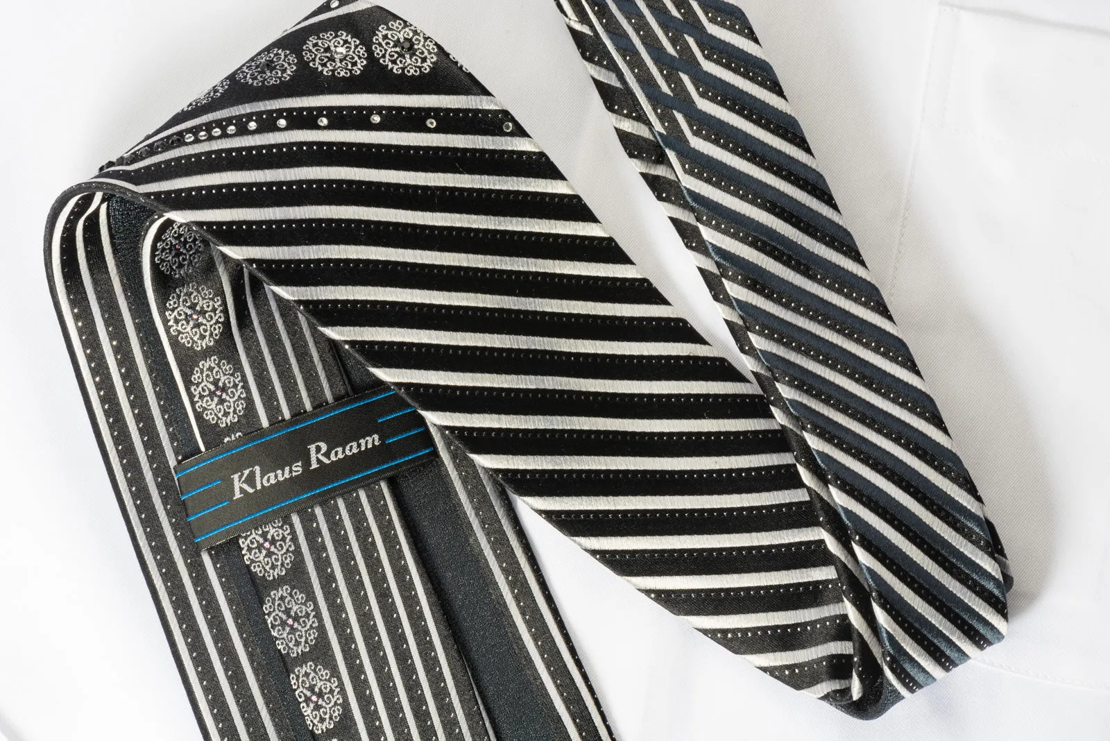 Klaus Raam Mens Silk Rhinestone Necktie Silver Black Striped With Silver Sparkles