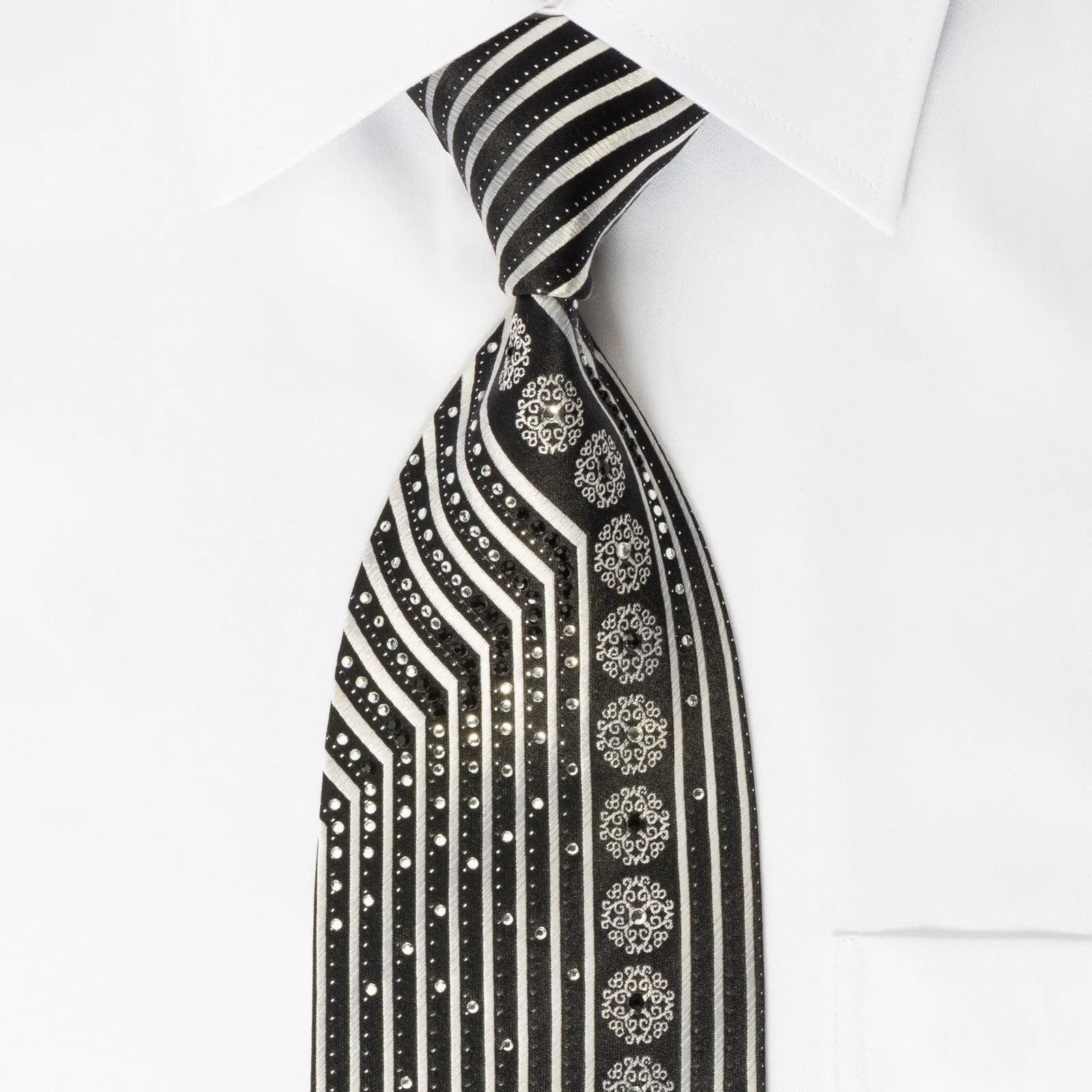 Klaus Raam Mens Silk Rhinestone Necktie Silver Black Striped With Silver Sparkles