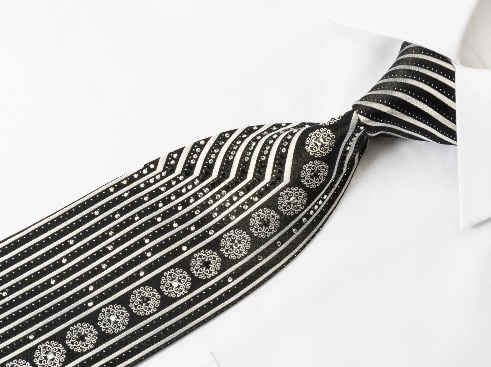 Klaus Raam Mens Silk Rhinestone Necktie Silver Black Striped With Silver Sparkles