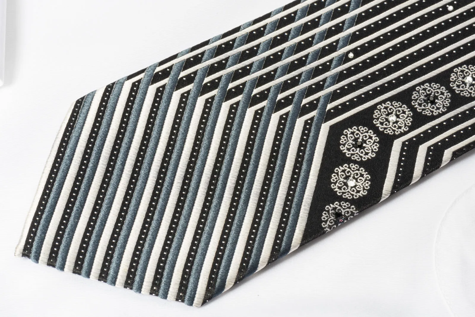 Klaus Raam Mens Silk Rhinestone Necktie Silver Black Striped With Silver Sparkles