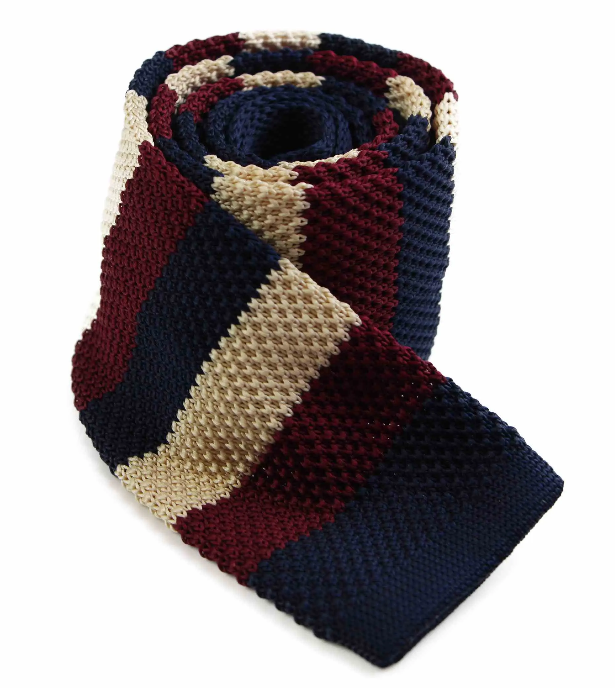 Knitted Thick Striped Navy, Latte &  Maroon Striped Patterned Neck Tie