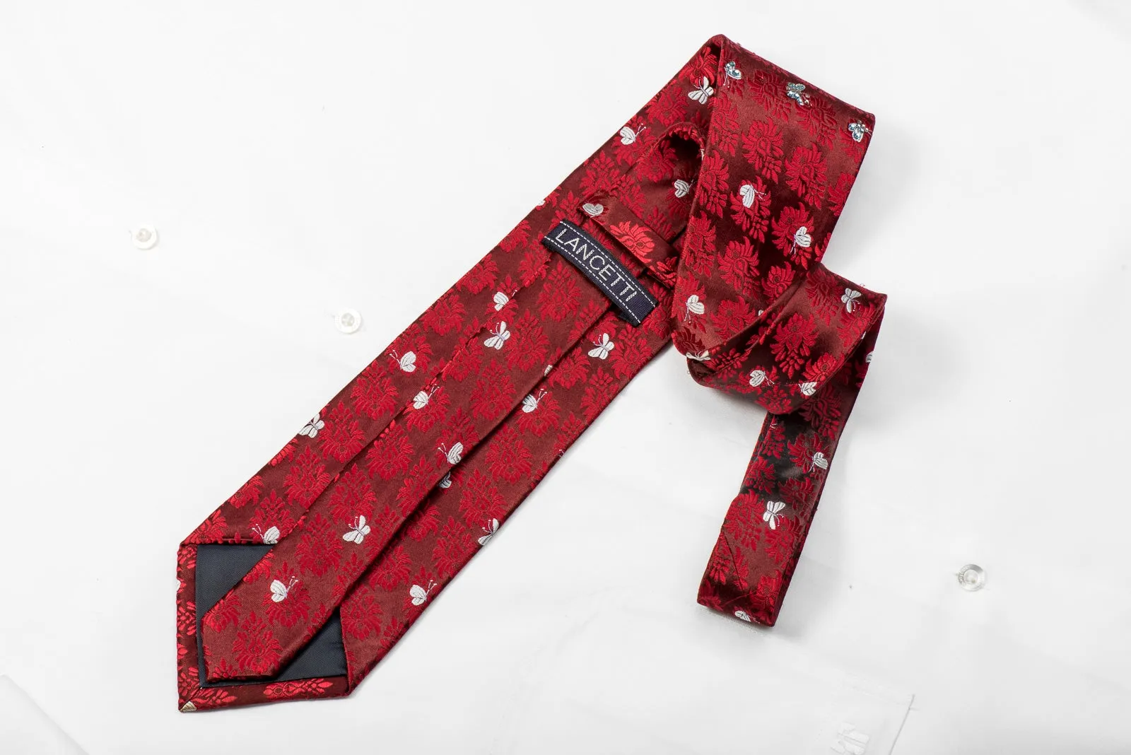 Lancetti Men's Crystal Tie Butterflies & Anthemion On Red Silk Sparkling With Rhinestones