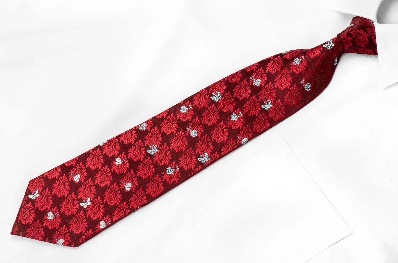 Lancetti Men's Crystal Tie Butterflies & Anthemion On Red Silk Sparkling With Rhinestones