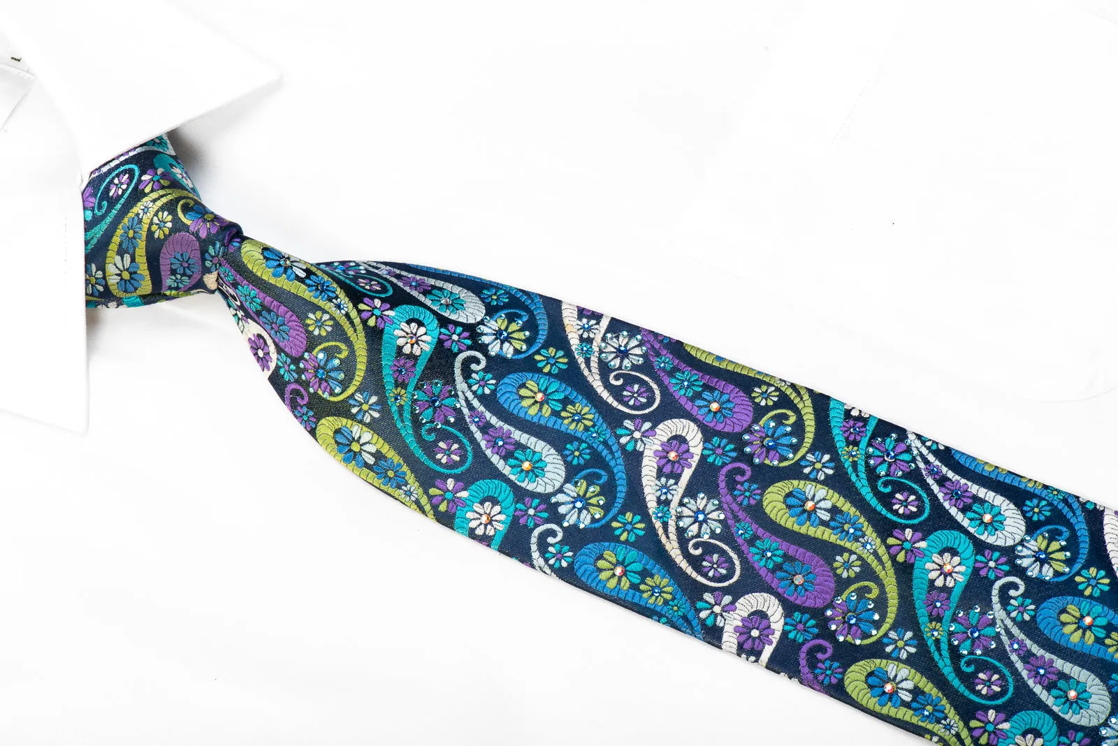 Lancetti Mens Rhinestone Silk Necktie Paisley On Navy