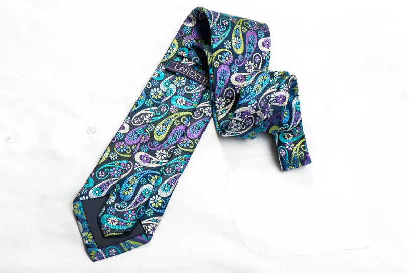 Lancetti Mens Rhinestone Silk Necktie Paisley On Navy