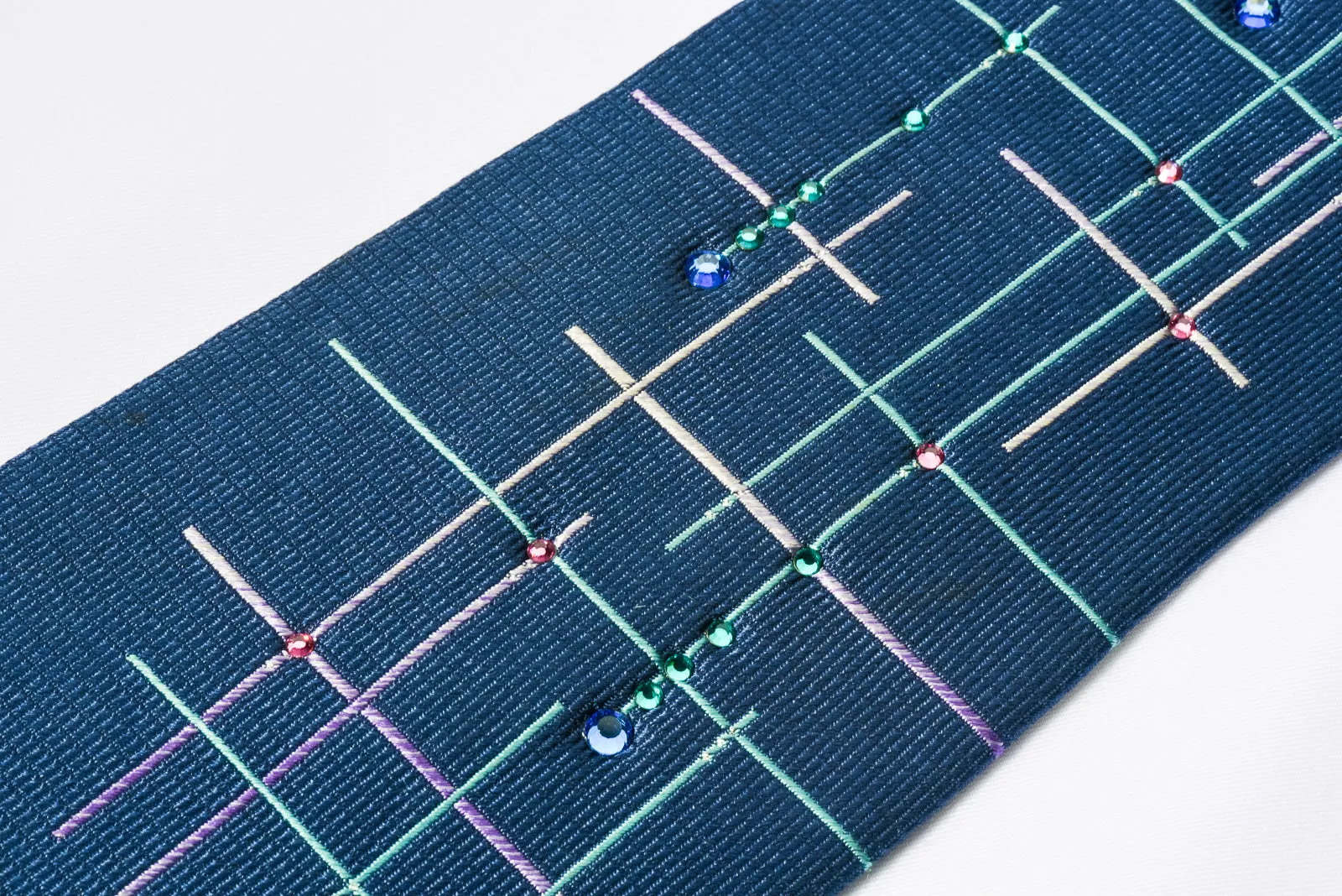 Lancetti Silk Tie Cyan Pink Lines On Woven Blue Silk With Rhinestones