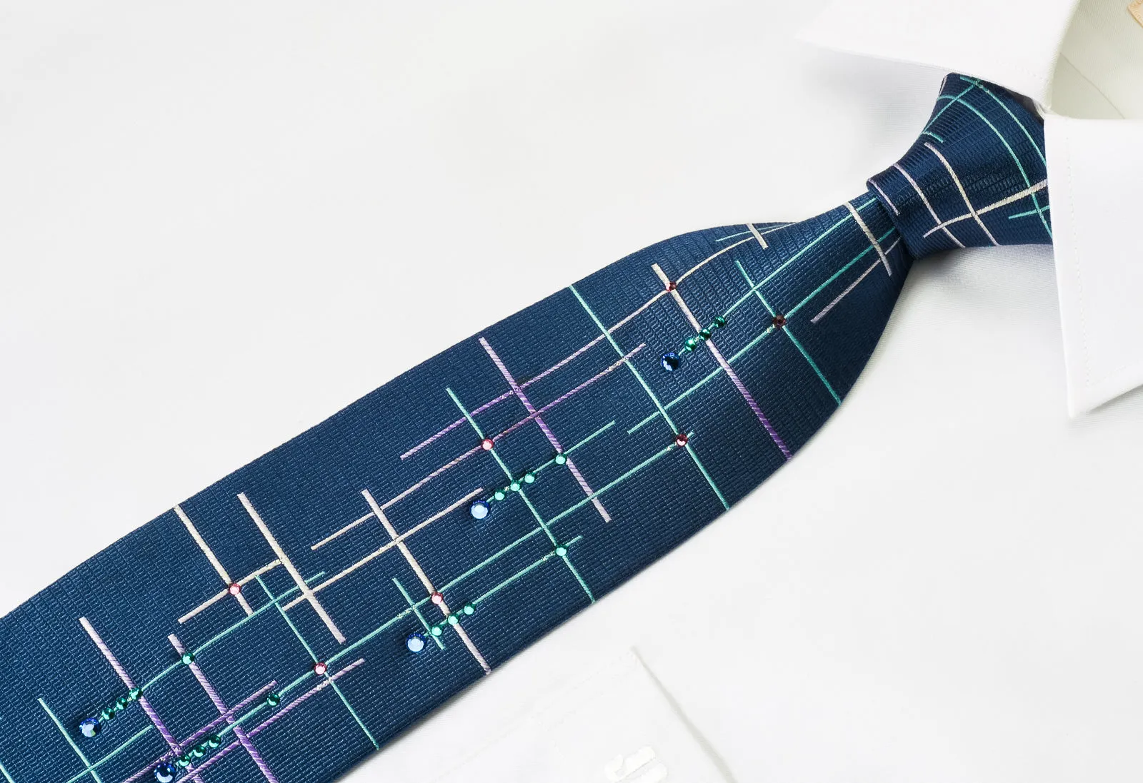 Lancetti Silk Tie Cyan Pink Lines On Woven Blue Silk With Rhinestones
