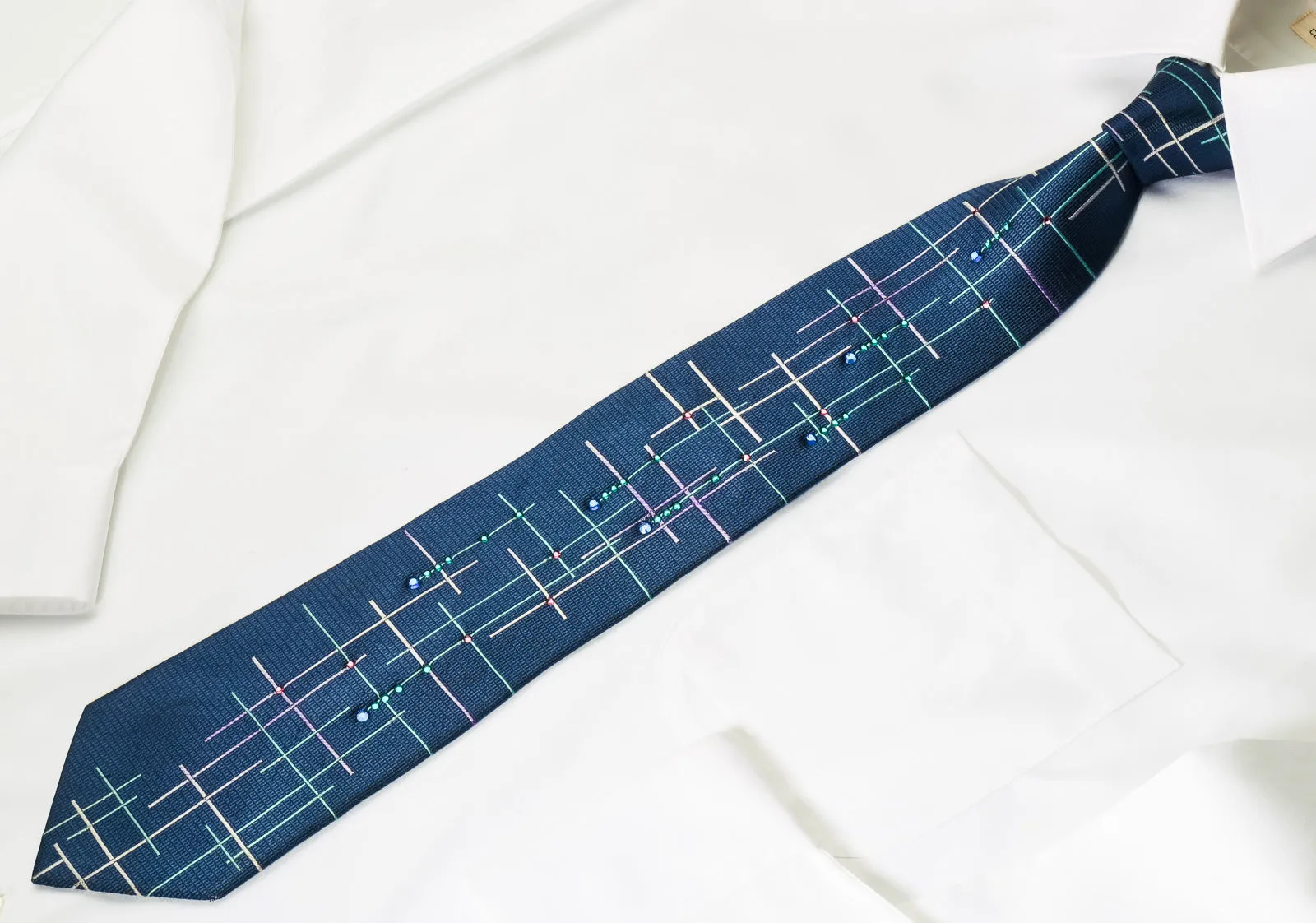Lancetti Silk Tie Cyan Pink Lines On Woven Blue Silk With Rhinestones