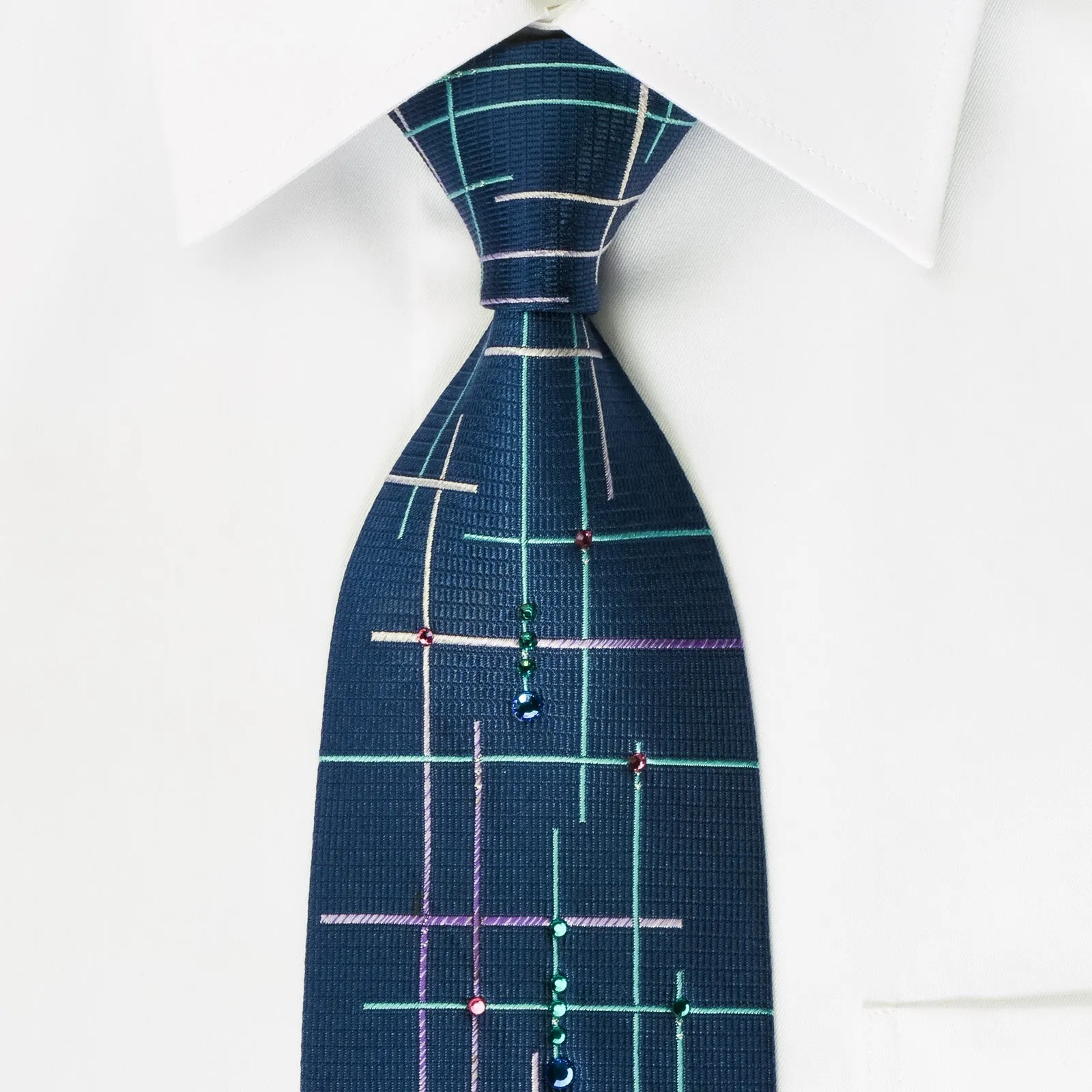 Lancetti Silk Tie Cyan Pink Lines On Woven Blue Silk With Rhinestones