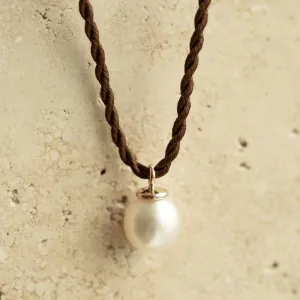 Large Charm Australian South Sea Cygnet Bay Drop 10mm A3  9ct Yellow Gold On Brown Silk Cord 50cm