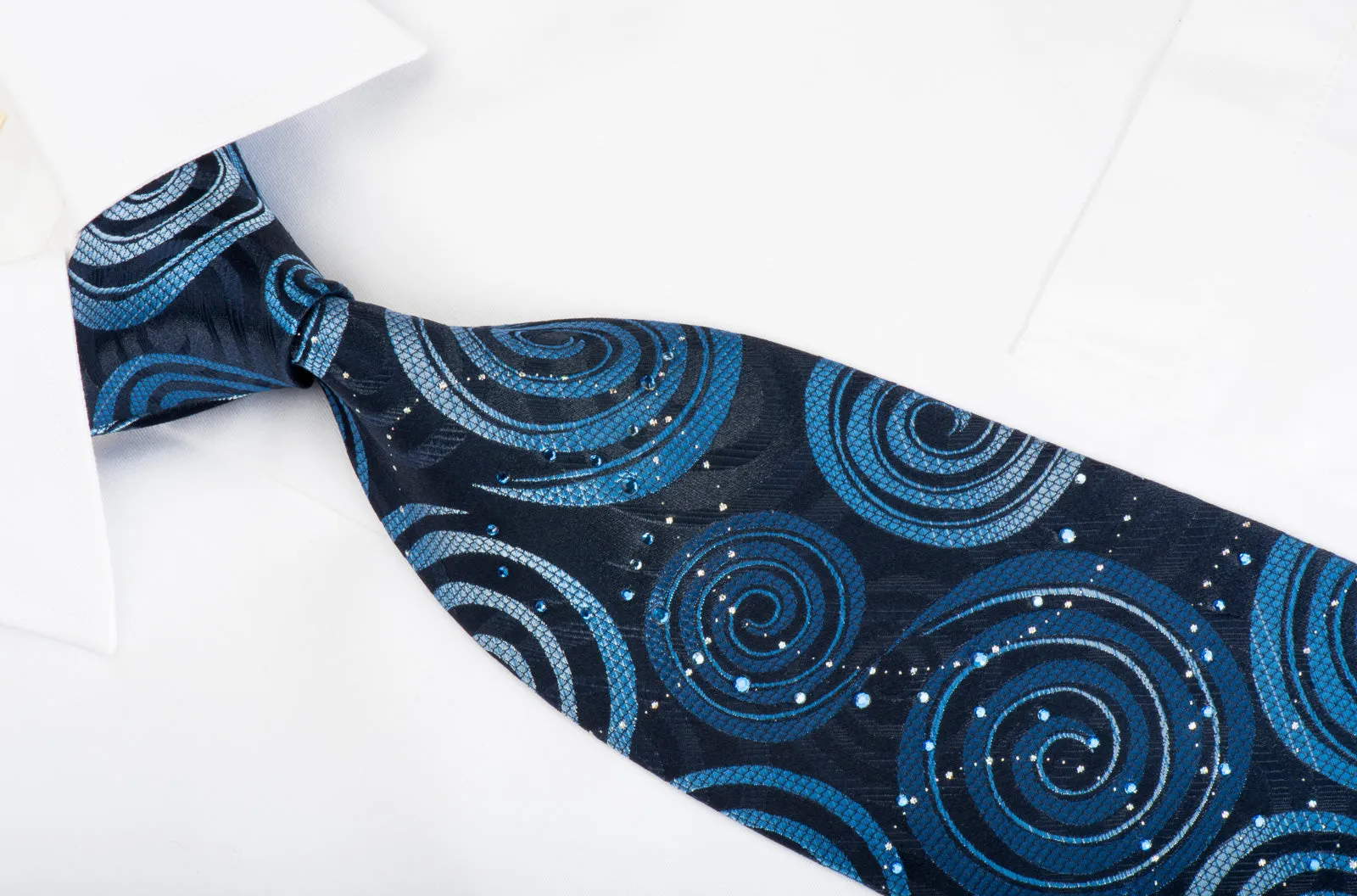 Louis Quatorze Rhinestone Necktie Spirals On Blue With Silver Sparkles
