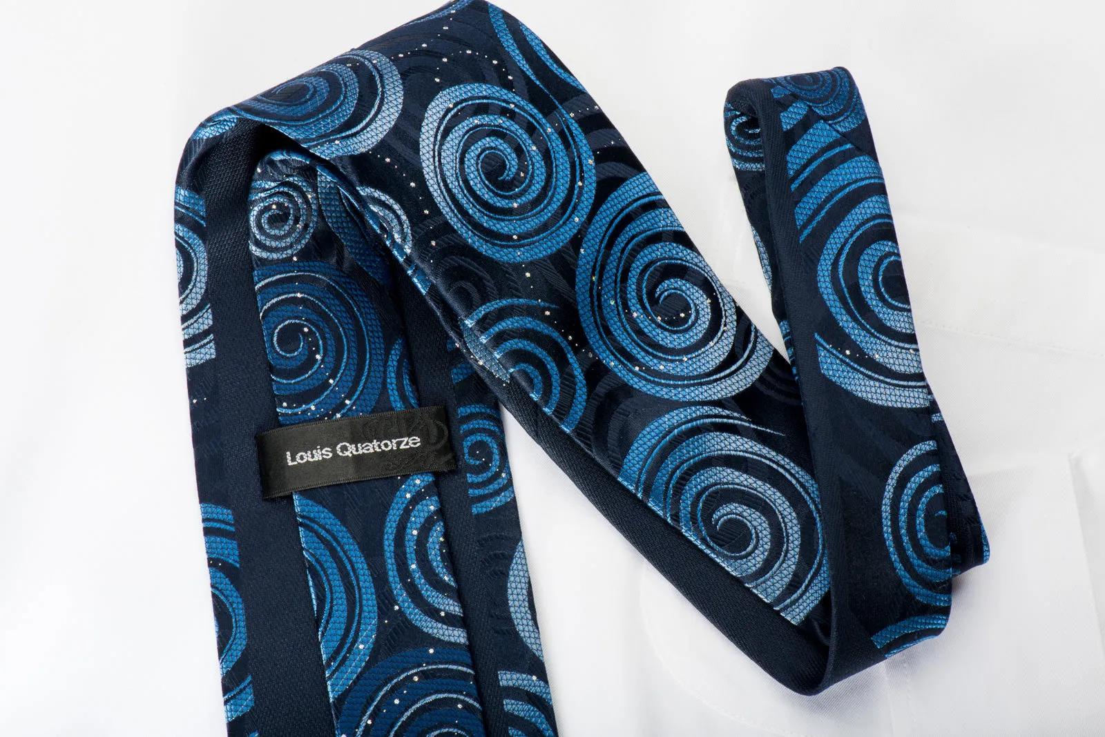 Louis Quatorze Rhinestone Necktie Spirals On Blue With Silver Sparkles