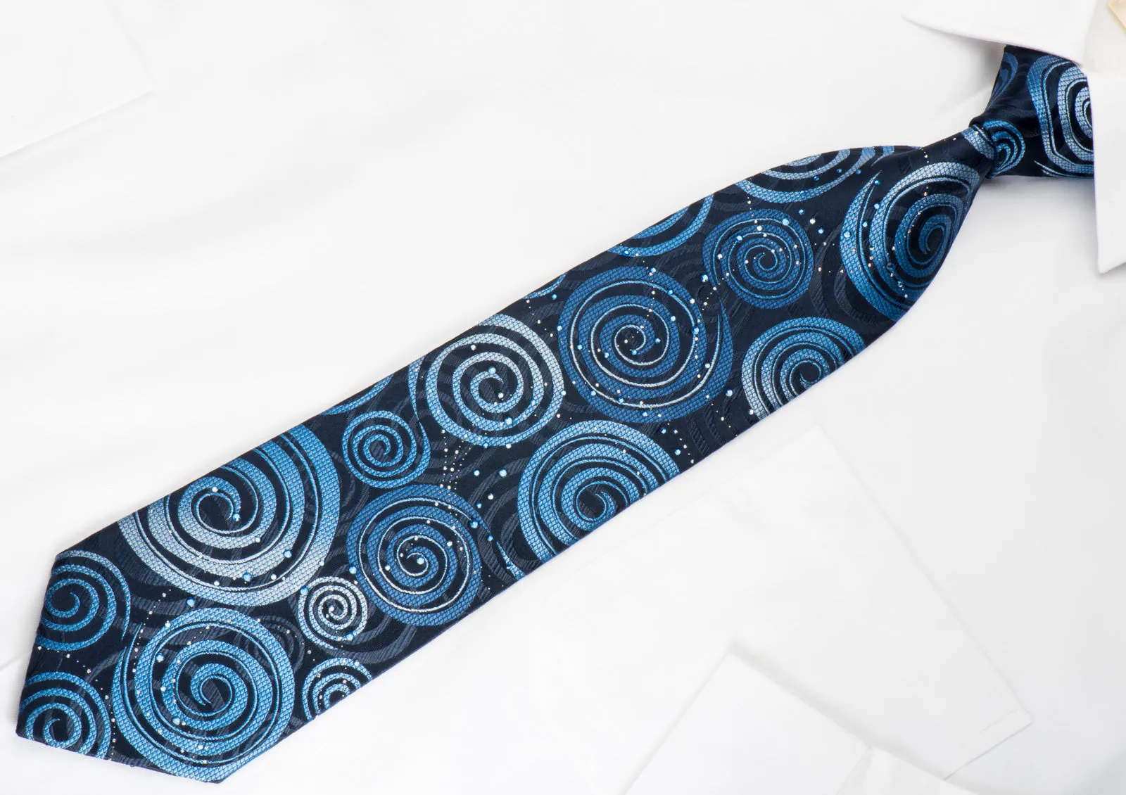 Louis Quatorze Rhinestone Necktie Spirals On Blue With Silver Sparkles