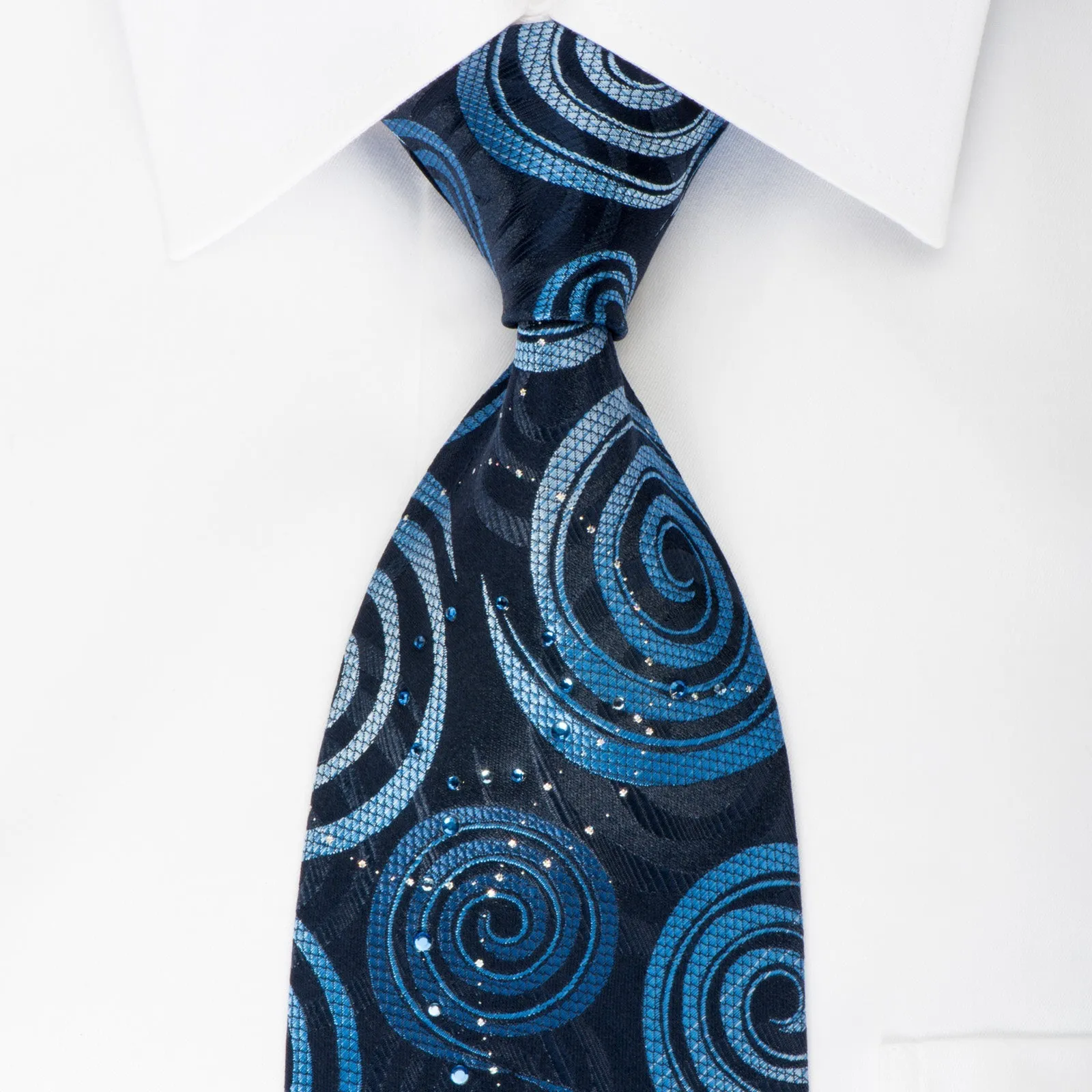 Louis Quatorze Rhinestone Necktie Spirals On Blue With Silver Sparkles
