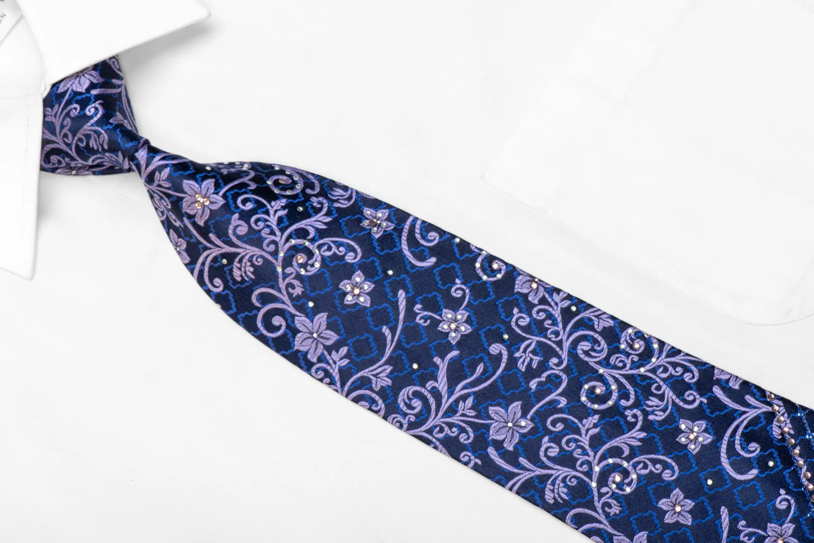 Mauve Floral Scrolls On Navy Rhinestone Silk Necktie
