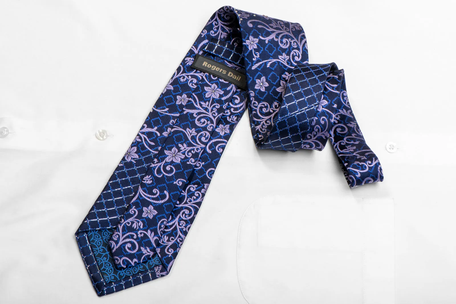 Mauve Floral Scrolls On Navy Rhinestone Silk Necktie