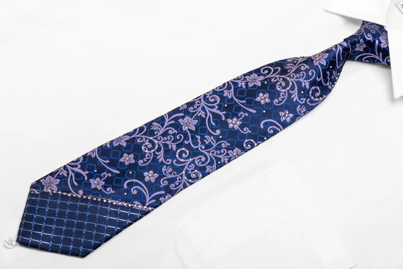 Mauve Floral Scrolls On Navy Rhinestone Silk Necktie