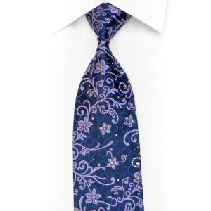 Mauve Floral Scrolls On Navy Rhinestone Silk Necktie