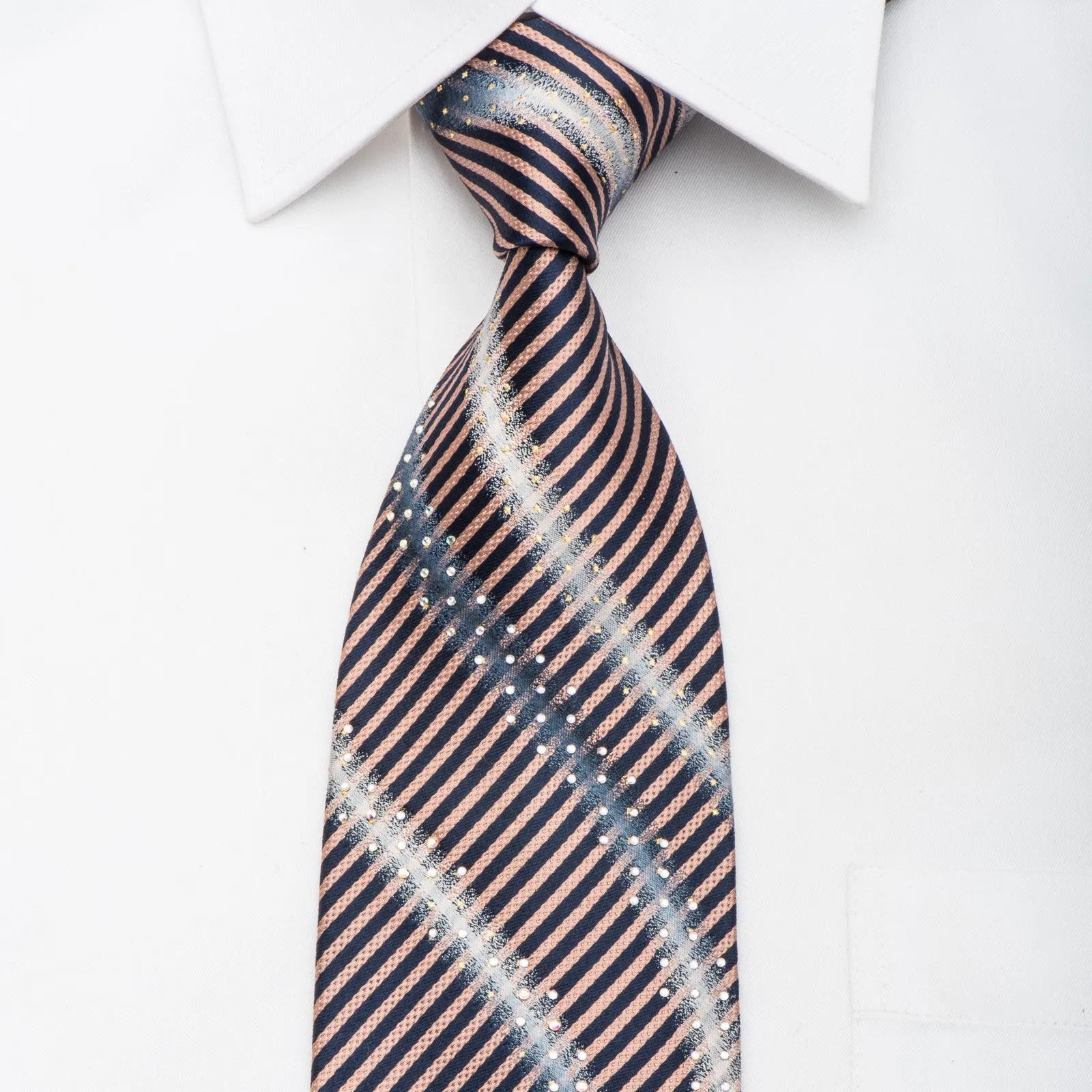 MCM Men's Rhinestone Tie Silver Waves On Navy Pink Stripes With Silver Sparkles