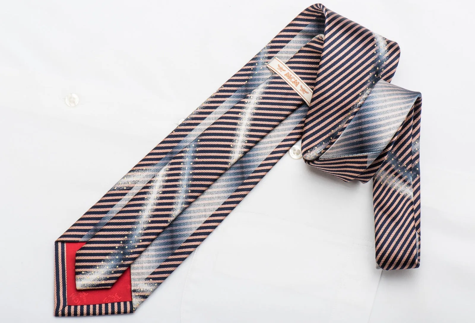 MCM Men's Rhinestone Tie Silver Waves On Navy Pink Stripes With Silver Sparkles