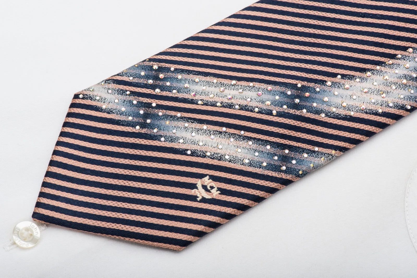MCM Men's Rhinestone Tie Silver Waves On Navy Pink Stripes With Silver Sparkles