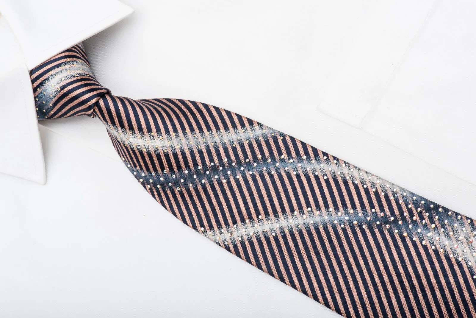 MCM Men's Rhinestone Tie Silver Waves On Navy Pink Stripes With Silver Sparkles