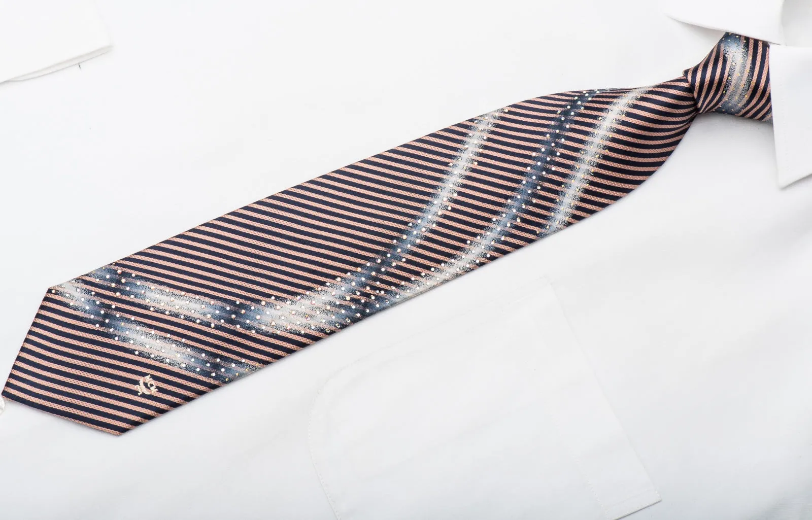 MCM Men's Rhinestone Tie Silver Waves On Navy Pink Stripes With Silver Sparkles