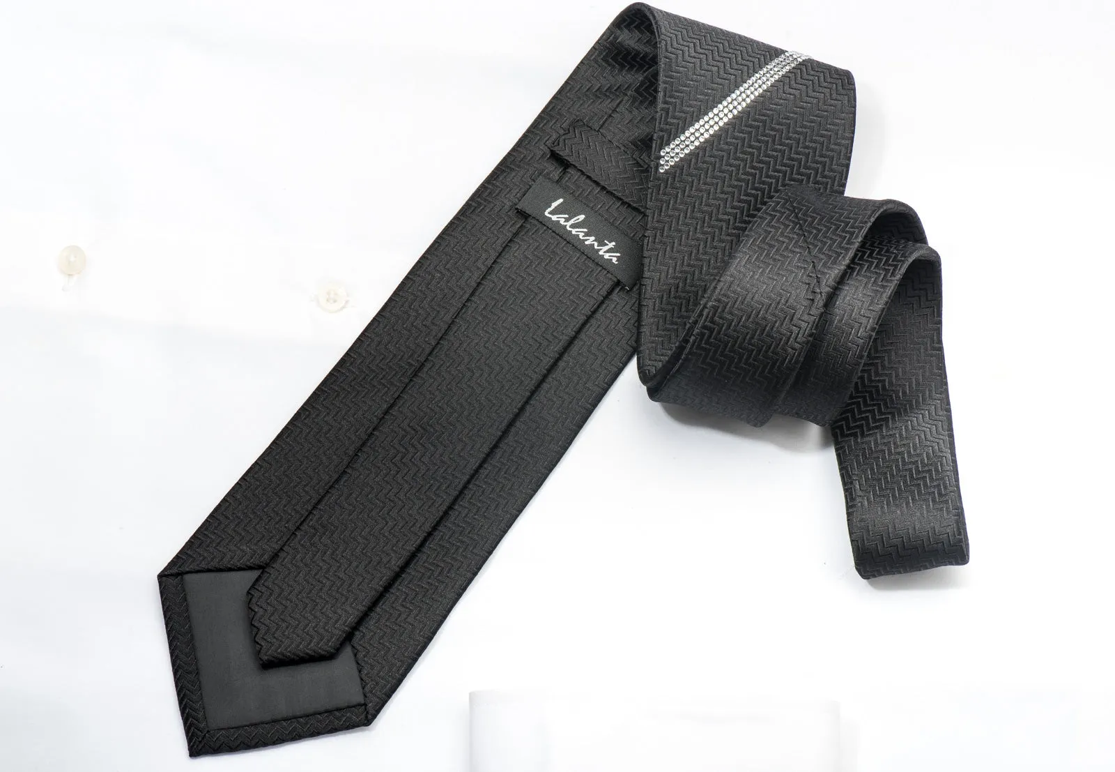 Men's Elegant Black Silk Tie Striped Sparkling Crystal Rhinestones On Black