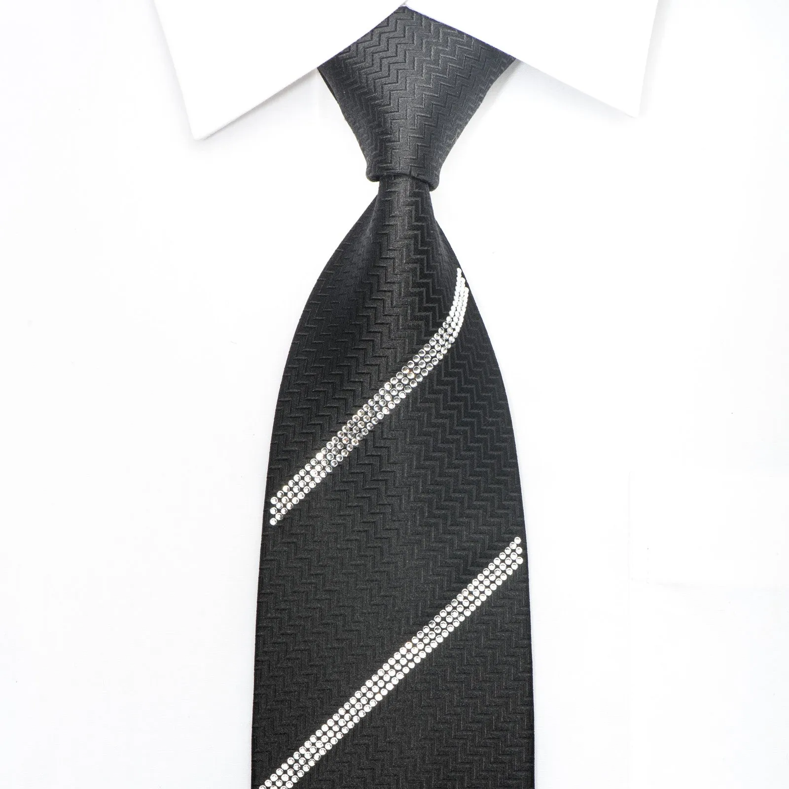 Men's Elegant Black Silk Tie Striped Sparkling Crystal Rhinestones On Black