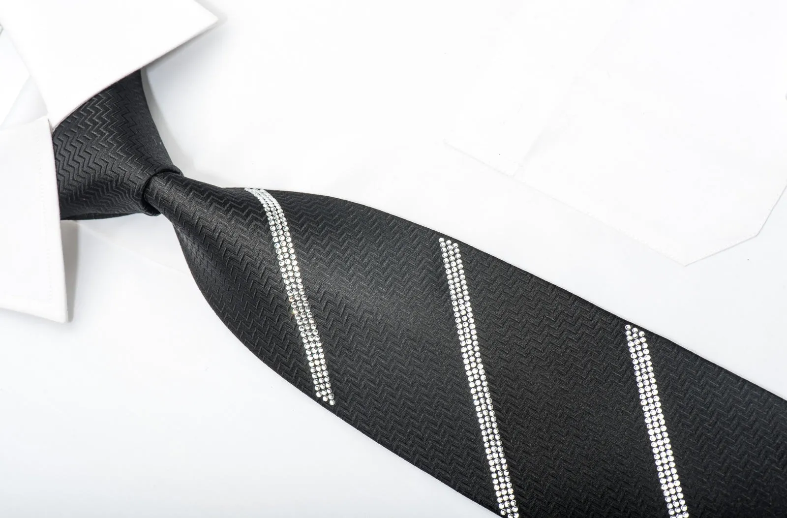 Men's Elegant Black Silk Tie Striped Sparkling Crystal Rhinestones On Black