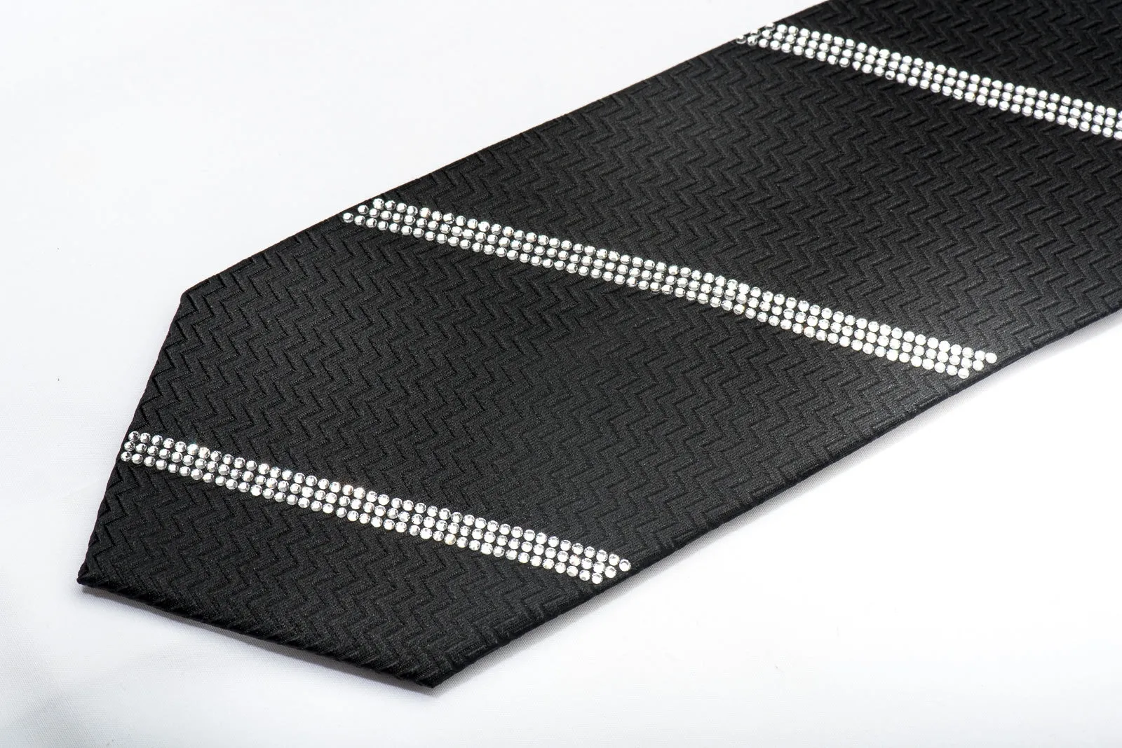 Men's Elegant Black Silk Tie Striped Sparkling Crystal Rhinestones On Black
