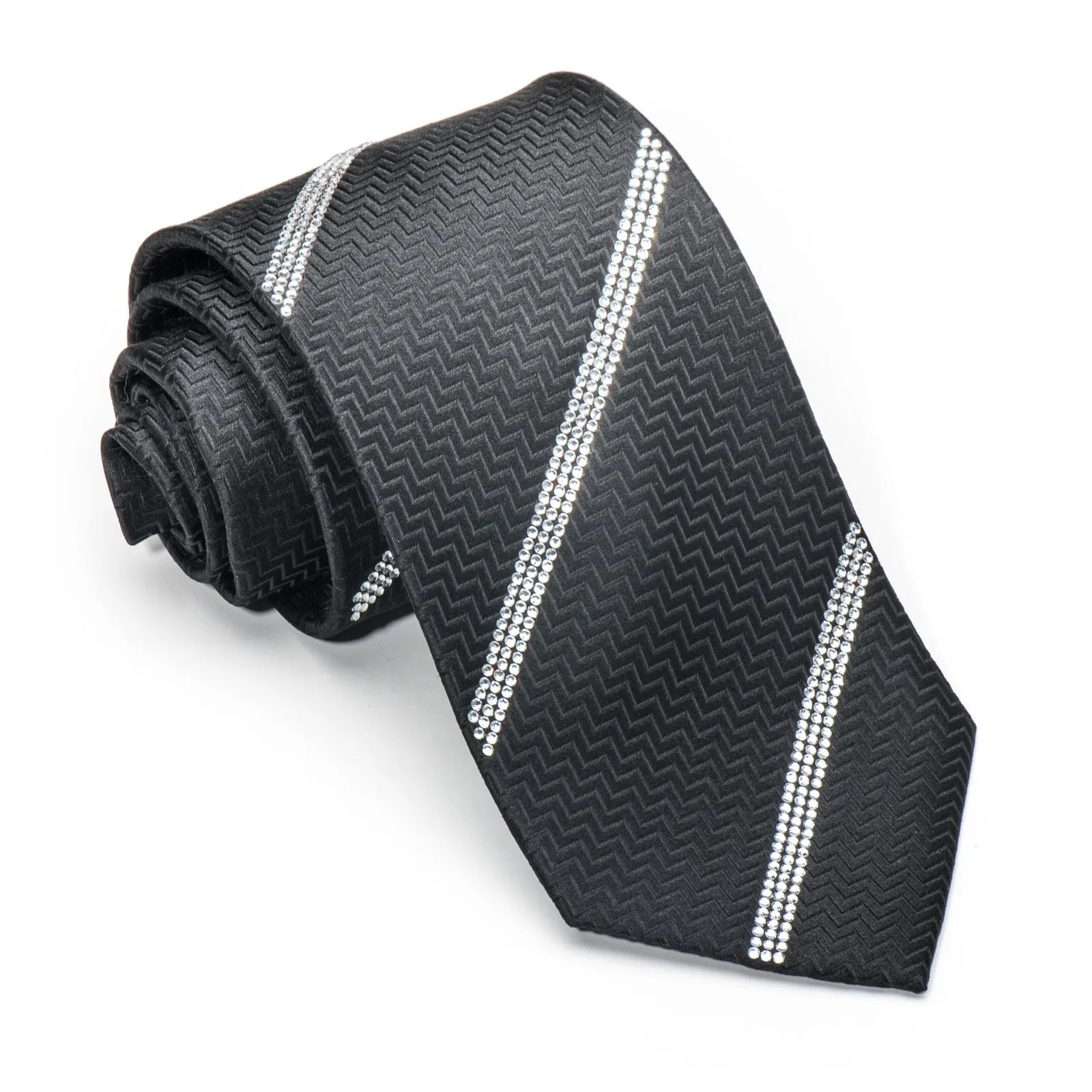 Men's Elegant Black Silk Tie Striped Sparkling Crystal Rhinestones On Black