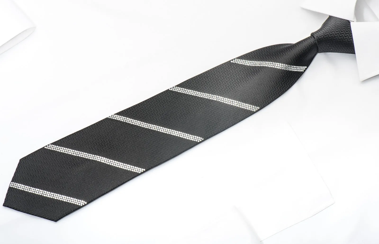 Men's Elegant Black Silk Tie Striped Sparkling Crystal Rhinestones On Black