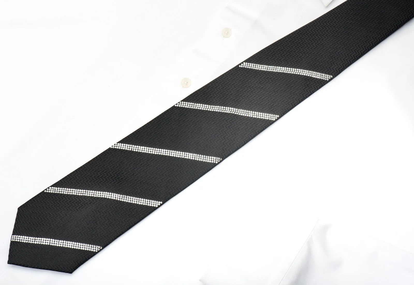 Men's Elegant Black Silk Tie Striped Sparkling Crystal Rhinestones On Black