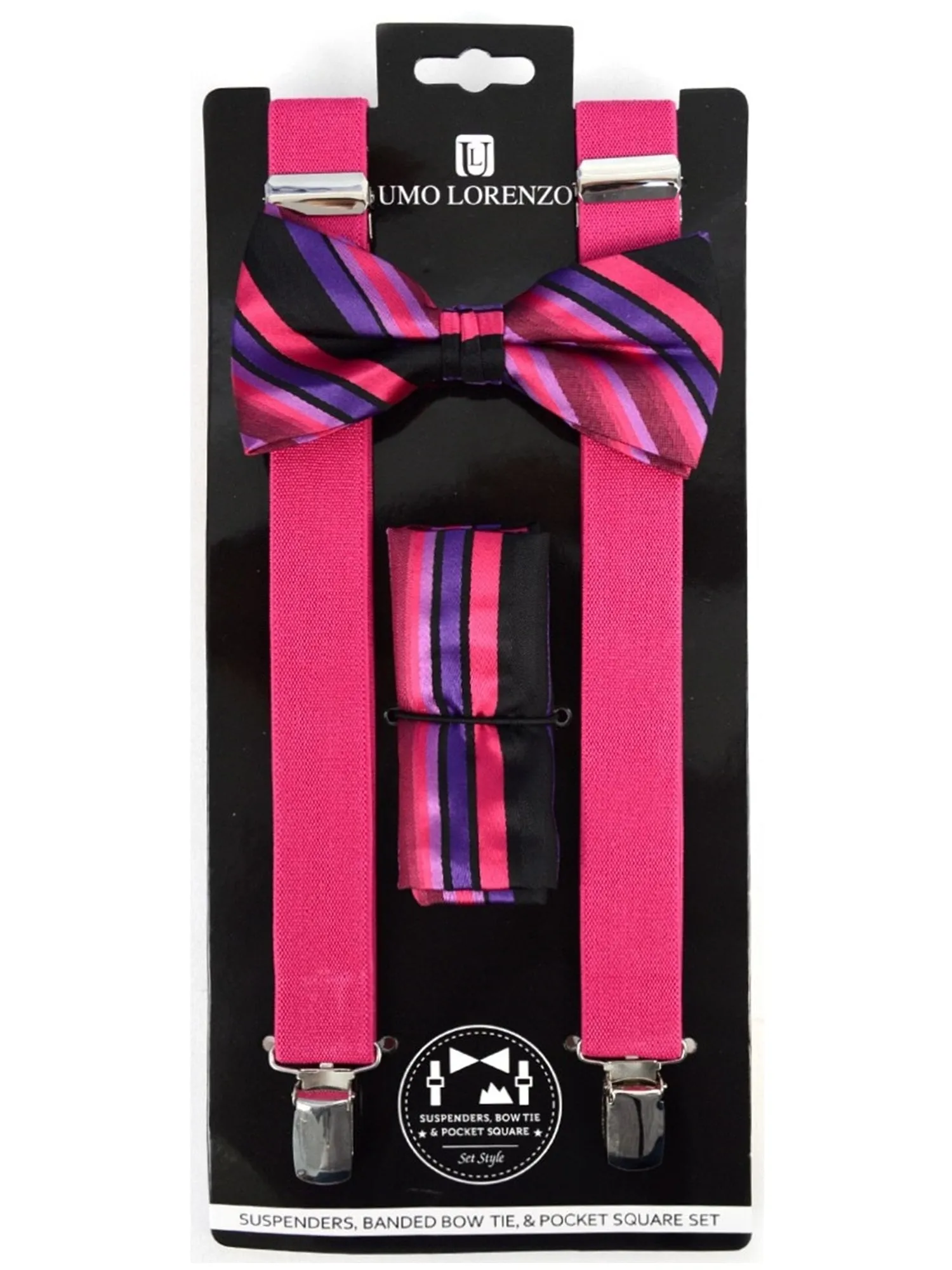 Men's Fuchsia 3 PC Clip-on Suspenders, Bow Tie & Hanky Sets