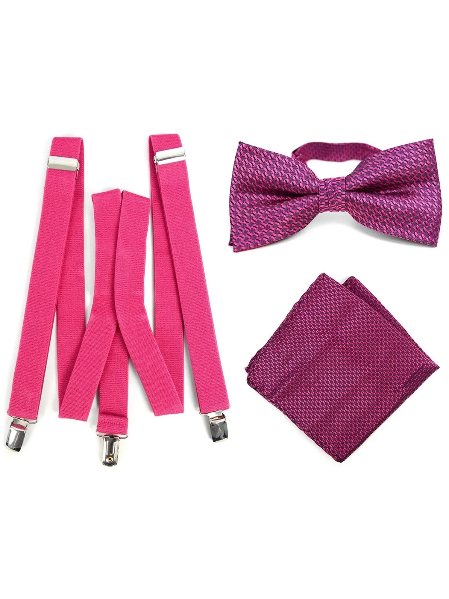 Men's Fuchsia 3 PC Clip-on Suspenders, Bow Tie & Hanky Sets