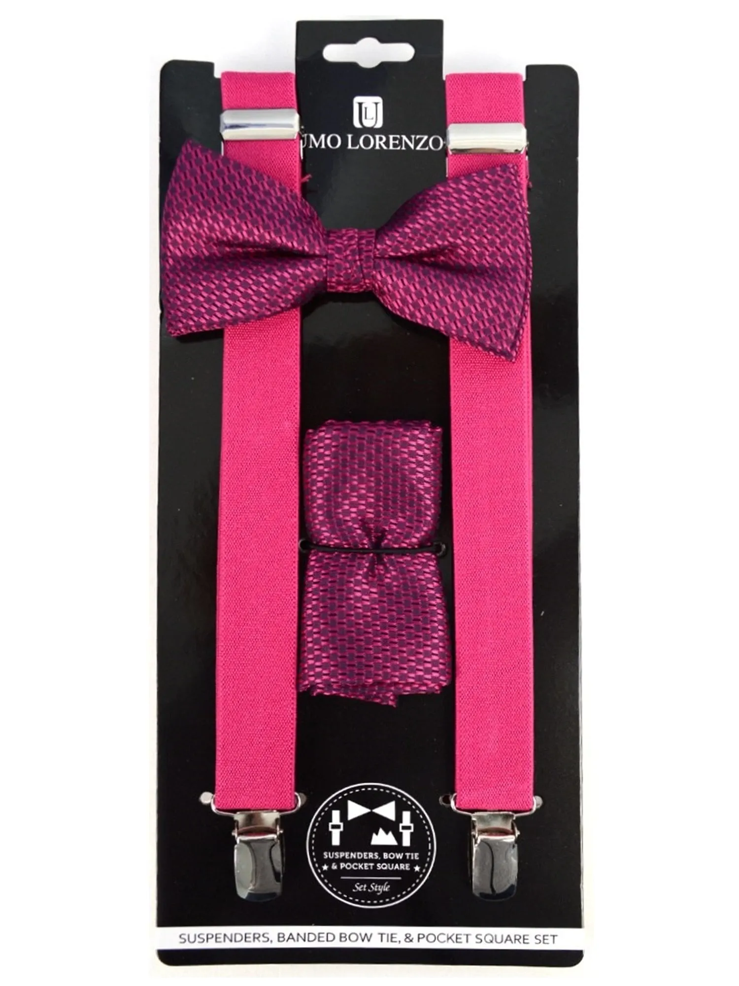 Men's Fuchsia 3 PC Clip-on Suspenders, Bow Tie & Hanky Sets