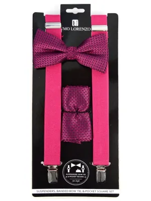 Men's Fuchsia 3 PC Clip-on Suspenders, Bow Tie & Hanky Sets
