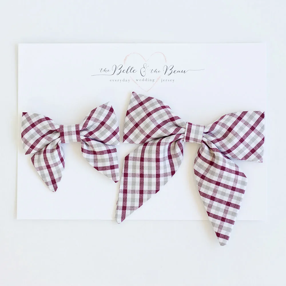 Men's Pre-Tied Bow Tie / Grey And Burgundy Plaid